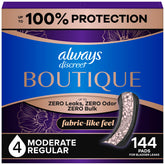 Always Discreet empaque frontal mostrando 144 unidades y beneficio de ahorro