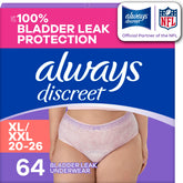 Always Discreet empaque frontal XL mostrando cantidad y talla para confianza