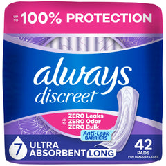 Always Discreet envasado frontal que muestra protección y capacidad