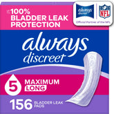 Always Discreet empaque frontal mostrando cantidad y protección