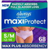 Always Discreet frente del empaque mostrando 68 unidades y confianza