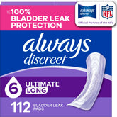 Always Discreet empaque frontal mostrando cantidad y longitud, protección confiable
