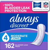 Always Discreet front packaging shows long 162ct pack for convenient supply