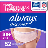 Always Discreet front packaging showing size 3X+ and 52 count benefits