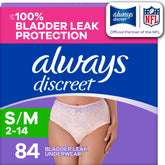 Always Discreet front packaging showing pack and count for confident protection