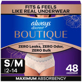 Always Discreet empaque frontal Rosy mostrando 48 unidades y diseño femenino