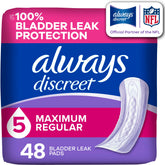 Always Discreet empaque frontal mostrando 48 unidades y portabilidad
