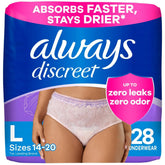 Always Discreet empaque frontal mostrando cantidad y talla, protección visible