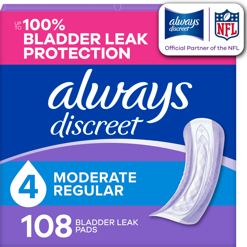 Always Discreet paquete frontal mostrando unidades y beneficio discreción
