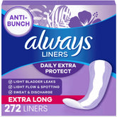 Always front packaging showing extra-long liners and count benefit