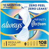 Always Infinity empaque frontal mostrando 108 unidades y beneficio de protección discreta