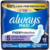 Always Maxi frontal del paquete mostrando 52 unidades y protección nocturna