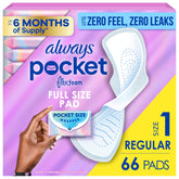 Always pocket front packaging showing compact pack and count benefit