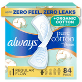 Always Pure Cotton paquete frontal mostrando 84 unidades y beneficio de comodidad