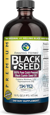 Amazing Herbs botella frontal de aceite de semilla negra mostrando etiqueta clara y vidrio protector