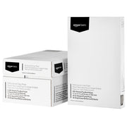 Amazon Basics front packaging showing 5 reams and tabloid size benefit