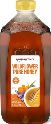 Amazon Grocery wildflower honey front packaging shows large 80 oz bottle for pantry convenience