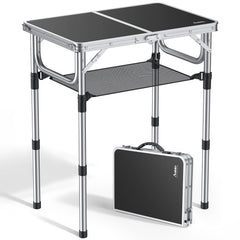 Anbte mesa plegable frontal mostrando estructura robusta y portabilidad