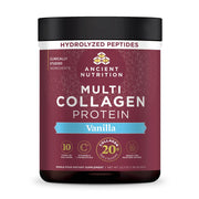 Ancient Nutrition envase frontal sabor vainilla mostrando producto y beneficios