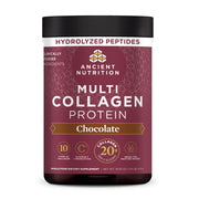 Ancient Nutrition envase frontal sabor chocolate mostrando diseño y beneficios