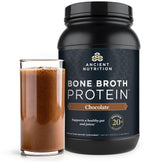 Ancient Nutrition envase frontal mostrando sabor chocolate y beneficios proteicos