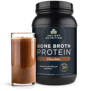 Ancient Nutrition envase frontal mostrando sabor chocolate y beneficios proteicos