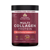 Ancient Nutrition envase frontal mostrando sabor Strawberry Lemonade y beneficios