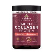 Ancient Nutrition envase frontal mostrando sabor Strawberry Lemonade y beneficios
