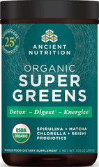 Ancient Nutrition bote frontal mostrando el producto y beneficios orgánicos