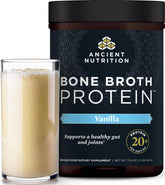Ancient Nutrition front packaging showing vanilla bone broth protein, clear product view for purchase decision