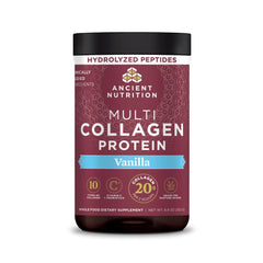 Ancient Nutrition front packaging showing vanilla multi collagen for easy identification and storage