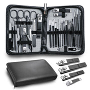 Andrea vista frontal del estuche negro y contenido organizado, portabilidad elegante
