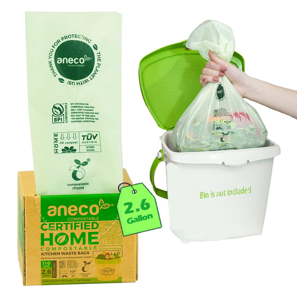 ANECO paquete frontal 110 bolsas muestra ahorro y compostabilidad