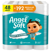 Angel Soft front packaging showing bulk 48-mega-rolls and savings benefit