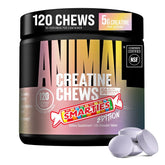 Animal creatine chews front packaging shows bottle and Smarties flavor benefit