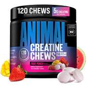 Animal creatine chews front tub showing Fruit Punch label and clear benefit