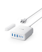 Anker 112W desktop charger front view showing ports and compact design for tidy desks