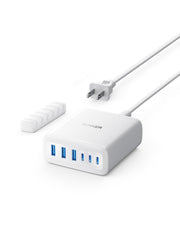 Anker 112W desktop charger front view showing ports and compact design for tidy desks