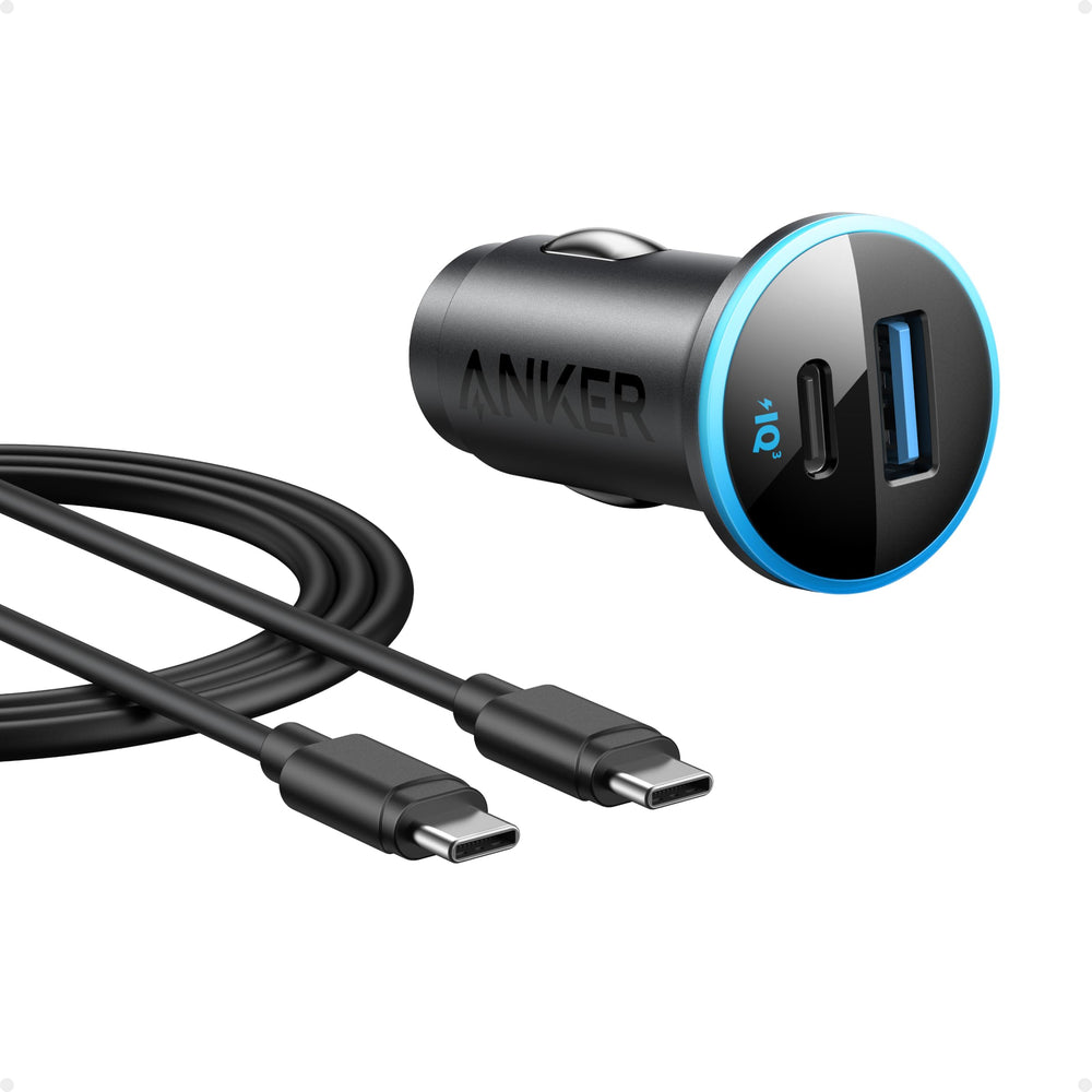 Anker 323 frontal del cargador de coche mostrando puertos y diseño compacto