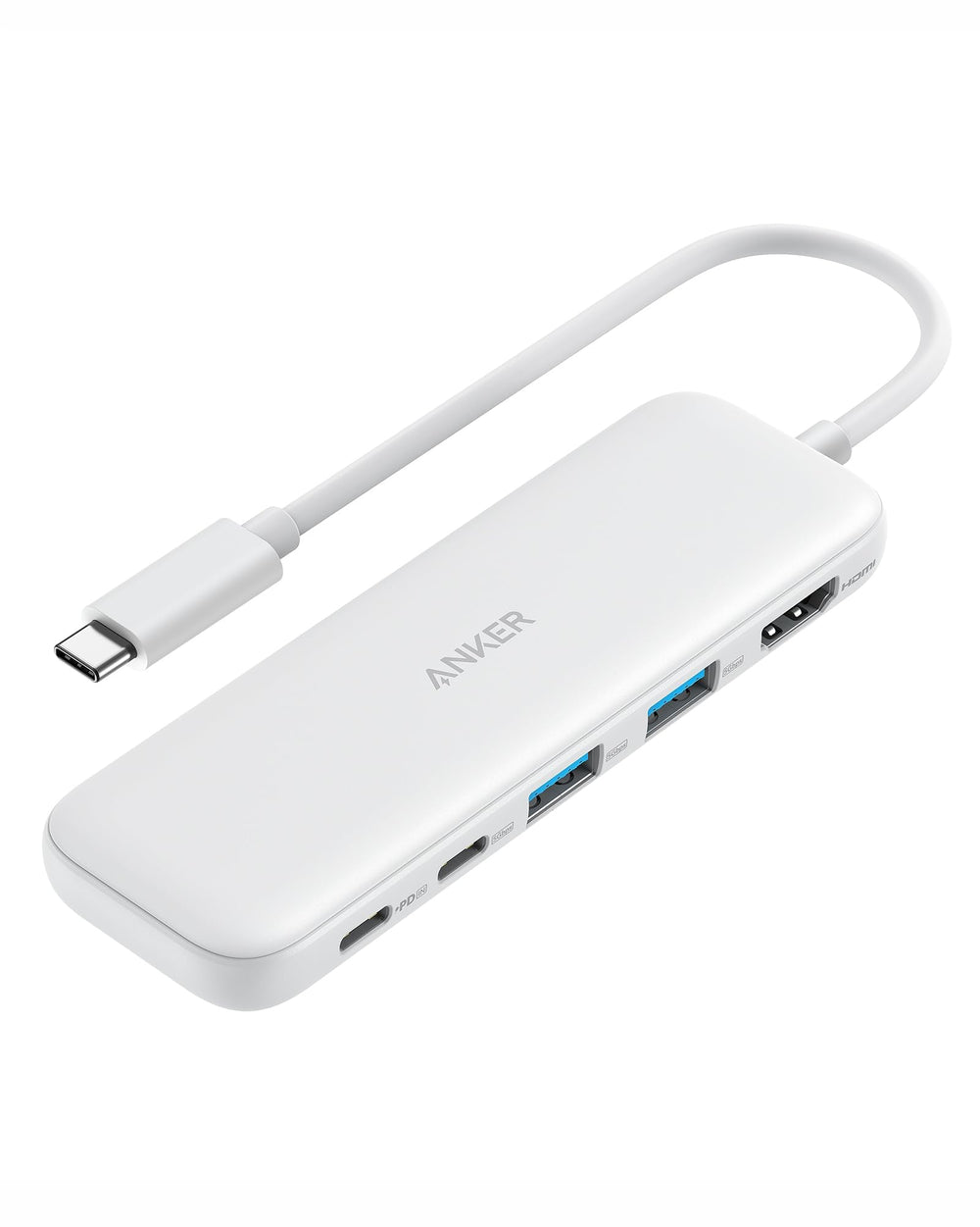 Anker concentrador frontal mostrando puertos y diseño compacto, facilita conexiones