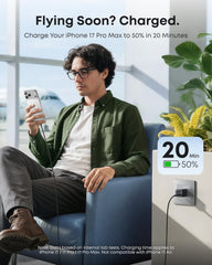 Vista del puerto USB-C y el enchufe plegable Anker para viaje seguro