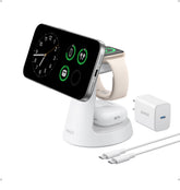 Anker MagGo 3‑in‑1 frontal mostrando carga múltiple y orden en escritorio