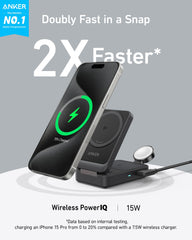 Anker MagGo open at angle charging iPhone and AirPods for hands-free viewing