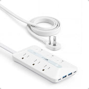 Anker power strip front view showing ports and organized setup benefit