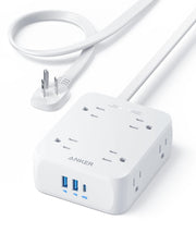 Anker power strip front view showing all outlets and compact design for organized power