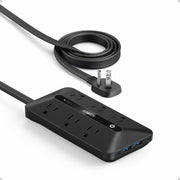 Anker power strip front view showing six outlets and four USB ports for tidy charging