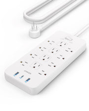 Anker power strip front view showing 12 outlets and USB ports for versatile power