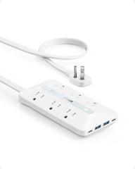 Anker regleta frontal mostrando seis tomas AC y diseño compacto