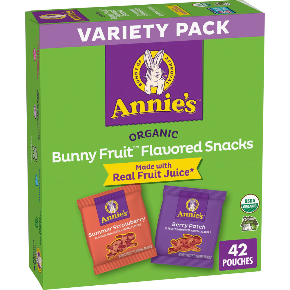 Annie's empaque frontal mostrando bolsitas surtidas, práctico para loncheras