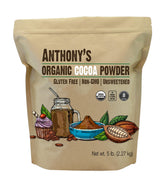 Anthony's front packaging showing 5 lb organic cocoa powder, clear labeling benefit